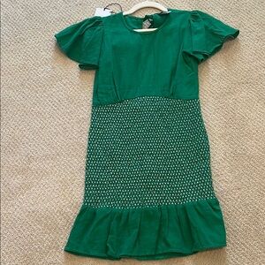 Rue Stiic Handmade Green Ruffled Mini Dress with Puff Sleeves